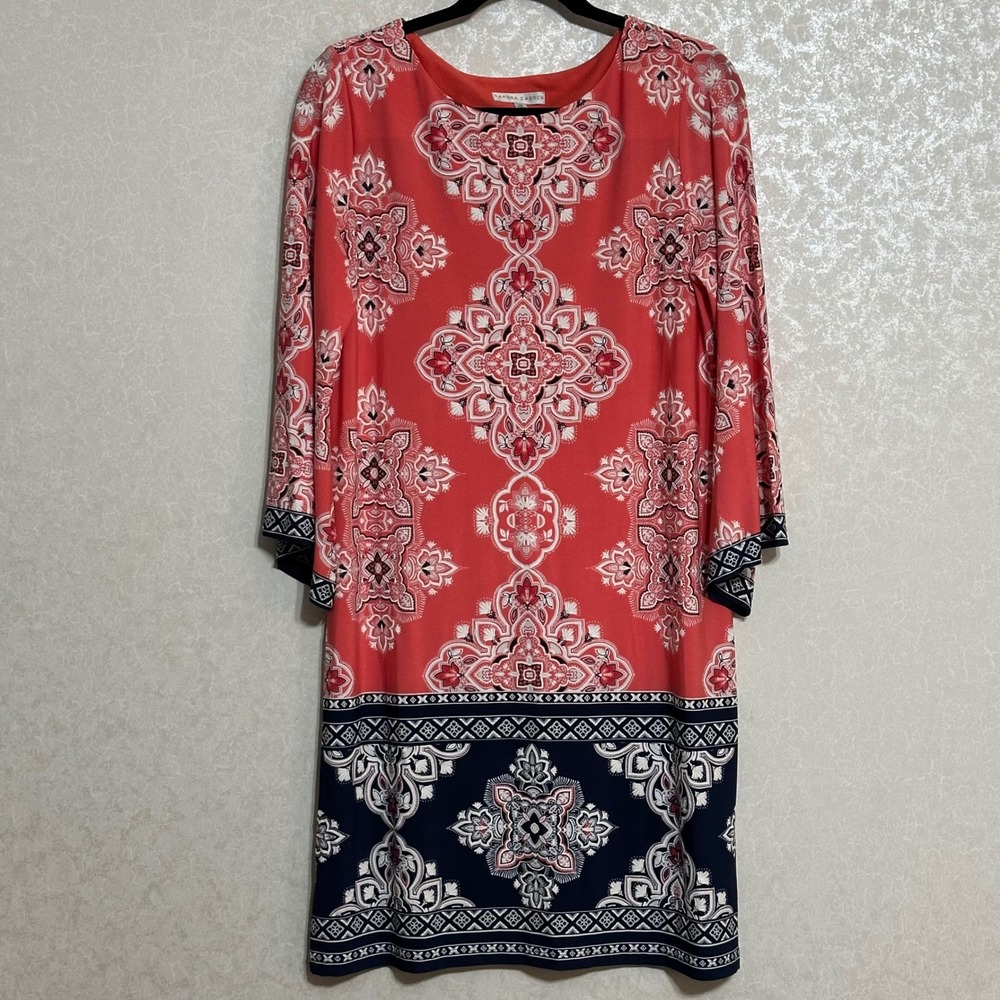 Sandra Darren Shift Dress Coral Blue Paisley Print 3/4 Sleeve Knee Length Sz 12